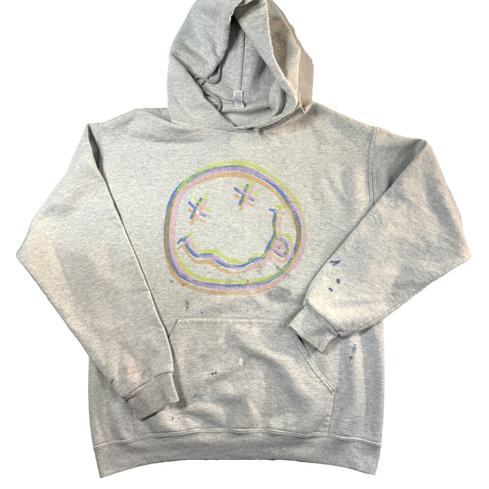 Nirvana Y2K Hoodie Fader Mens LG Gray Pastel Smiley Pullover Painted Sweatshirt